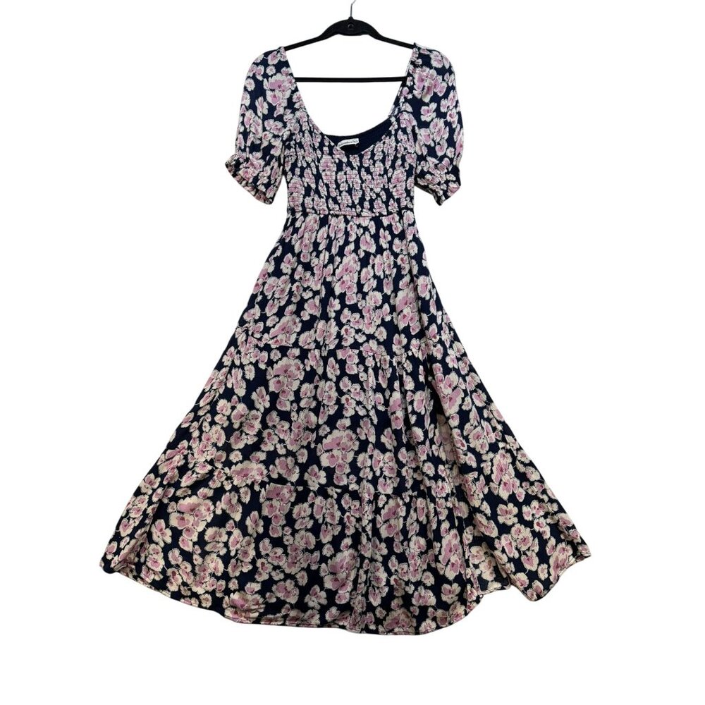 Abercrombie & Fitch Womens Floral Flowy Dress S Navy Pink White Elastic Waist Sm